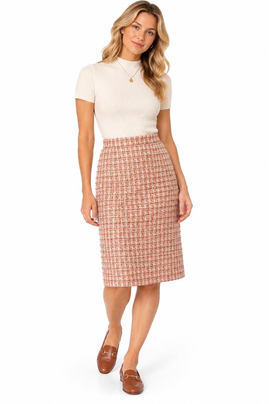 Vintage Y2K Anne Klein Peach & Ivory Textured Below the Knee Pencil Skirt